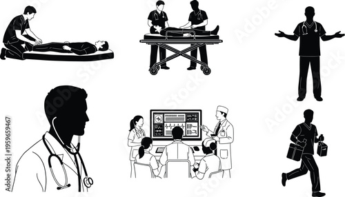 Medical professionals teamwork, emergency response, hospital care, healthcare staff collaboration, patient treatment, diagnostic session, medical supplies, clinical practice illustration