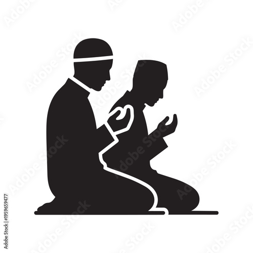 Two men kneeling in prayer posture with hands raised in supplication.