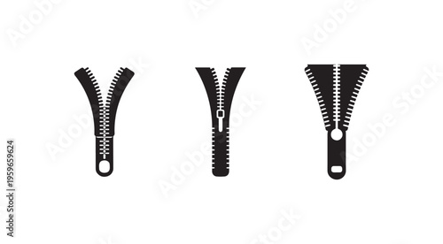 Three black zipper icons in different positions on white background for design and illustration purposes  zippers are closed and open in various configurations