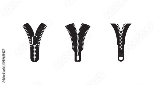Three black zipper icons in different states of opening  isolated on white background