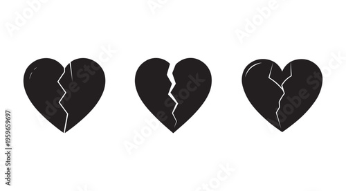 Three broken heart icons in a row on a white background for love and heartbreak concepts