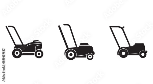 Three different lawn mower silhouettes for gardening and landscaping needs  various types of mowers