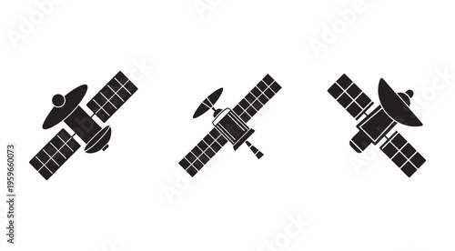 Three different satellite designs with solar panels and antennae for space exploration and communication purposes  orbiting the Earth