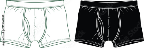 Men's boxer briefs design, technical fashion illustration, garment construction, contour seams, underwear schematic, apparel blueprint, male clothing template, stitching detail