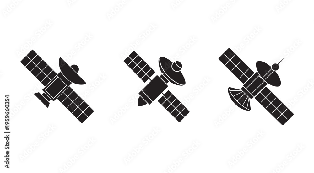 Fototapeta premium Three different space satellites in orbit around the Earth various designs and shapes solar panels and antennae space technology and exploration concept