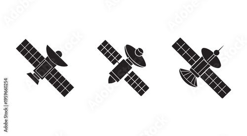 Three different space satellites in orbit around the Earth  various designs and shapes  solar panels and antennae  space technology and exploration concept