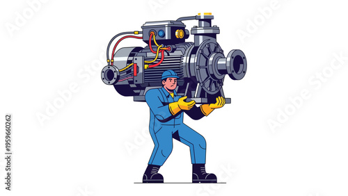 The Mechanic's Burden: A determined mechanic carries a heavy machinery part on his shoulder, showcasing the dedication of workers within the industrial field. 