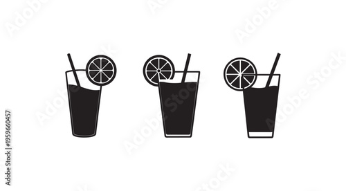 Three glasses of juice with lemon slices on top and straws  simple icons of drinks with citrus fruits