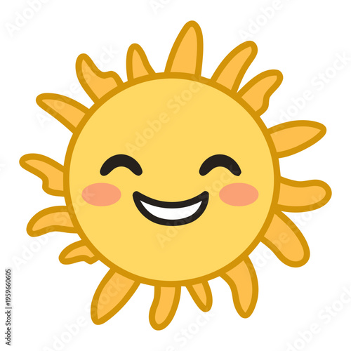 A cheerful cartoon sun with a smiling face and rosy cheeks on a white background