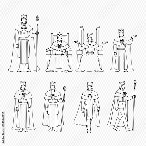 Set of medieval king characters in various poses, hand-drawn vector illustration on a transparent background.