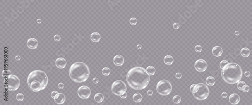 Vector realistic soap bubbles with reflection isolated on transparent background.
