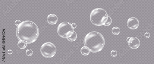 Vector realistic soap bubbles with reflection isolated on transparent background.