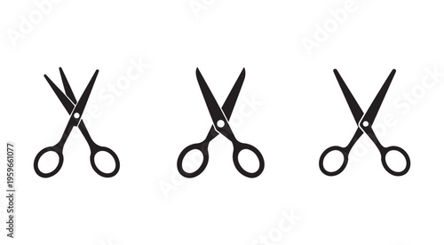 Three pairs of scissors in different positions on white background  cut  snip  trim