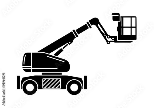 Vector illustration of a hydraulic aerial platform lift, also known as a cherry picker, isolated on a white background for construction