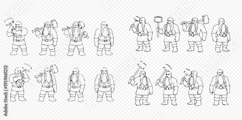 Set of outline drawings of gnomes or dwarves in various poses holding hammers, isolated on a transparent background.