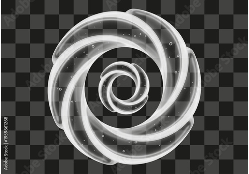 Dynamic transparent fluid spiral abstraction featuring internal effervescent bubbles on a checkerboard background