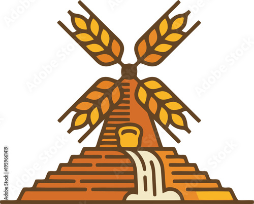 An iconic mill combining golden wheat stalks with a flowing stream and pyramid base for a bakery concept
