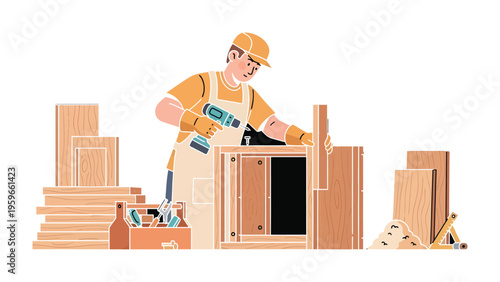 Craftsman at Work: A skilled craftsman meticulously assembles wooden structures. Capturing the essence of craftsmanship and dedication.