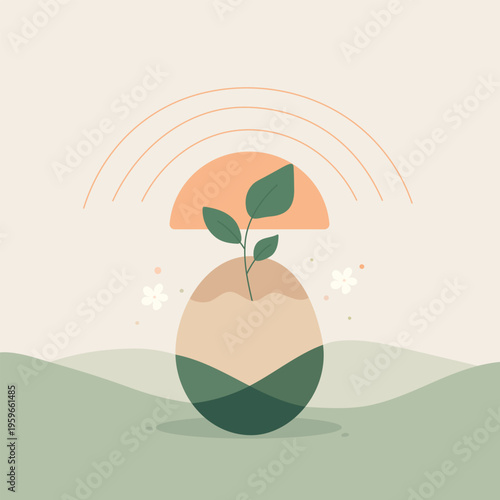 Pastel Easter egg with sprout and abstract landscape in minimal flat style