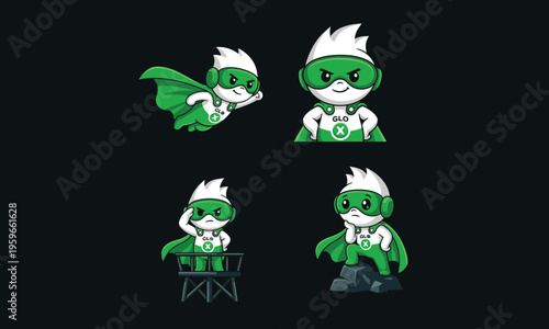 A collection of cute green superhero mascot character poses on a dark background
