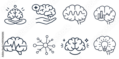 Brain Mind Wellness Technology Icon Set Neural Thinking Intelligence Line Vector Collection