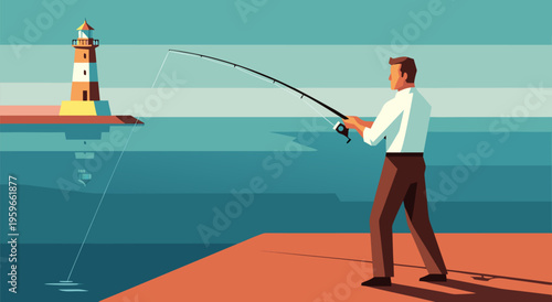 Business concept vector illustration of a man fishing near a lighthouse, representing opportunity and patience