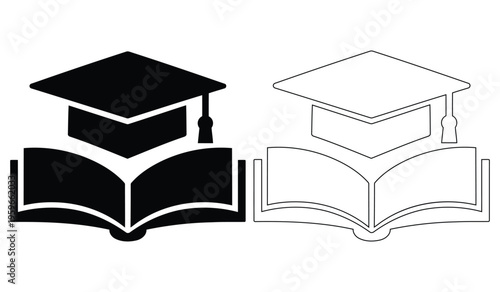 Graduation Cap on Open Book Icon Vector Education Logo Academic Knowledge Symbol Black and Outline Style