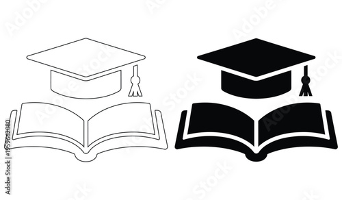 Open Book with Graduation Cap Icon Education Learning Academic Knowledge Symbol Vector Illustration