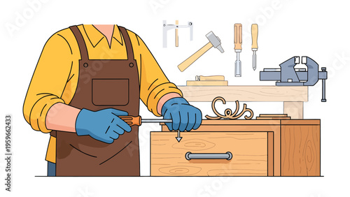 Artisan at Work: An artisan meticulously crafting a wooden piece, tools of trade neatly arranged, illustrating the art of woodwork and precision.