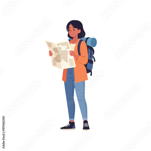Young woman traveler with backpack looking at map.
