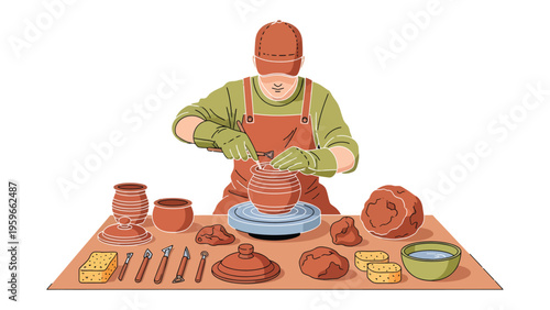 Artisan at the Wheel: A skilled artisan meticulously shapes clay on a pottery wheel, surrounded by tools of his craft, creating unique ceramic pieces.