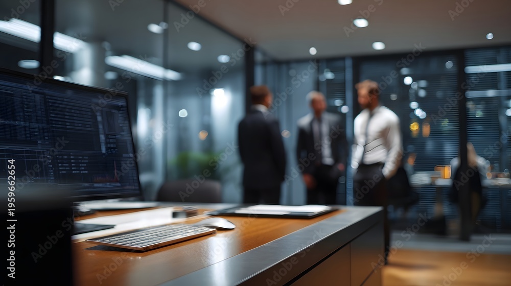 Fototapeta premium Modern corporate office interior at night with business professionals gathered for a meeting displaying financial data on a computer monitor
