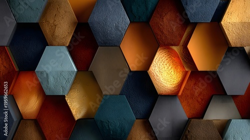 A colorful geometric pattern of hexagonal shapes in various textures