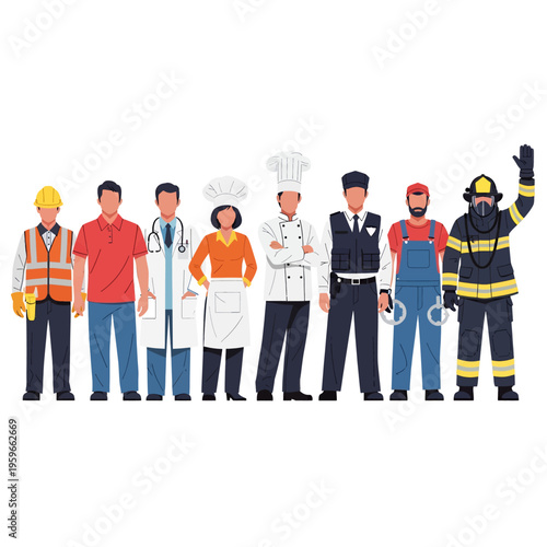 Diverse Professions Cartoon Vector Illustration - Construction Worker Doctor Chef Police Officer Firefighter and More
