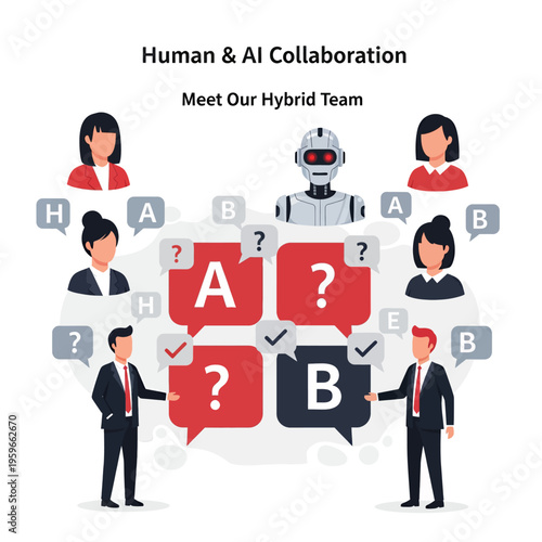 Human AI Collaboration Hybrid Team Dynamics Decision Making Process Illustrated Graphic Design Concept Visual Representation