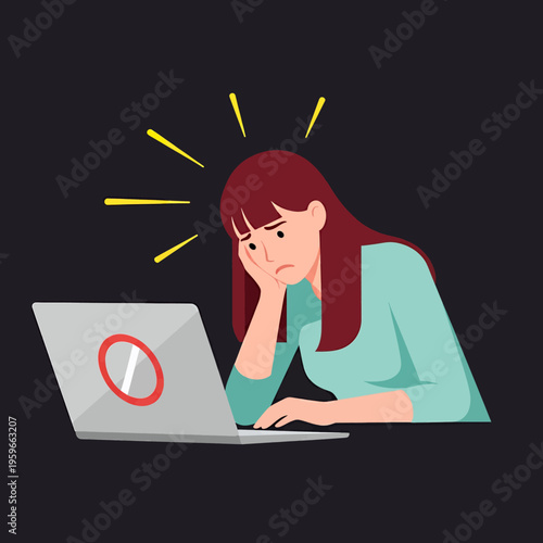 Frustrated Woman with Laptop Computer Error - Stress and Technology Problems Illustration for Digital Work Concept