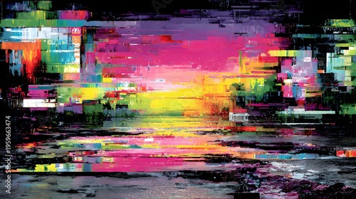 A vibrant abstract painting of a colorful sunset over water