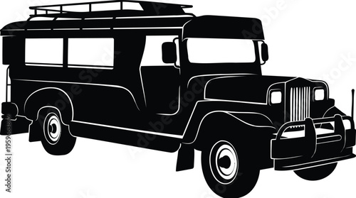 Striking monochrome vector graphic of a uniquely adorned public utility vehicle, a cultural icon of local commuter travel