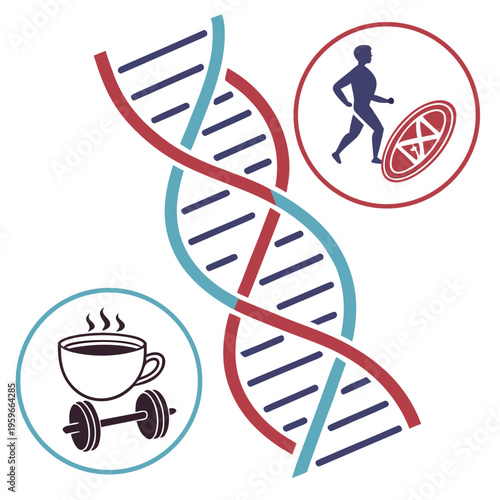 Large dna strand with icons of coffee cup, dumbbell, and runner with track, symbolizing health and lifestyle choices