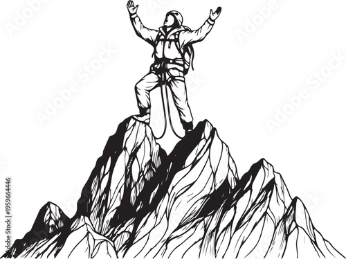Mountain Climber Standing on Peak with Raised Arms Vector Illustration of Success and Achievement