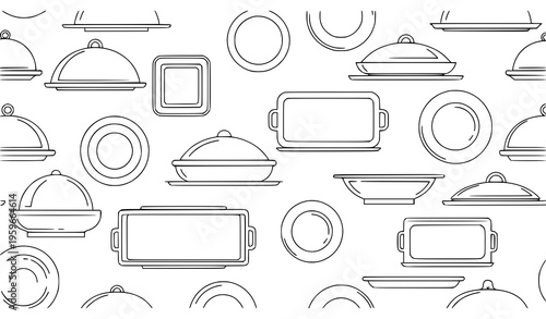 Minimal serving dish seamless pattern kitchen outline vector illustration