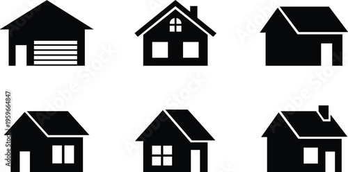 Modern house icons set, home silhouette collection, real estate symbols, residential building graphics, property architecture icons, black vector illustration