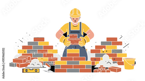 Bricklayer at Work: A construction worker meticulously lays bricks, symbolizing the foundation of progress and skilled craftsmanship.