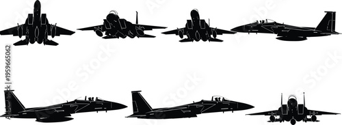 Modern military fighter jet silhouettes, combat aircraft collection, front side top views, aviation defense illustration isolated on white background