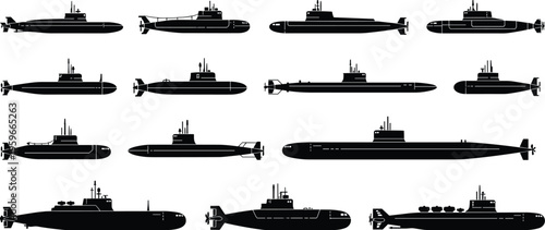 Modern military submarine silhouettes, naval warfare vessels, underwater defense fleet, black submarine profiles, maritime technology, ocean security illustration