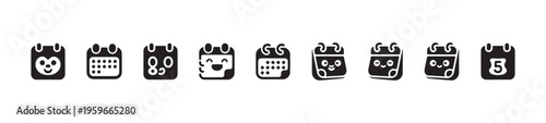Cute happy calendar icons set with smiling faces and various date markings