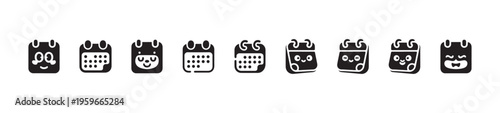 Ten expressive black and white calendar icons with cute cartoon faces for time management and reminders
