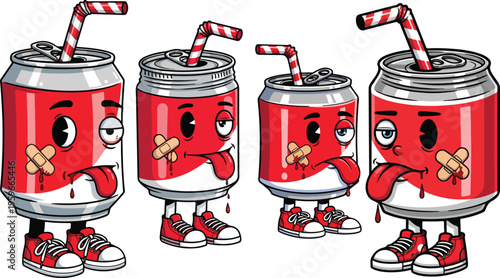 A group of four anthropomorphic, cartoon soda drink cans feeling sick with bandages and tongues hanging out on transparent background