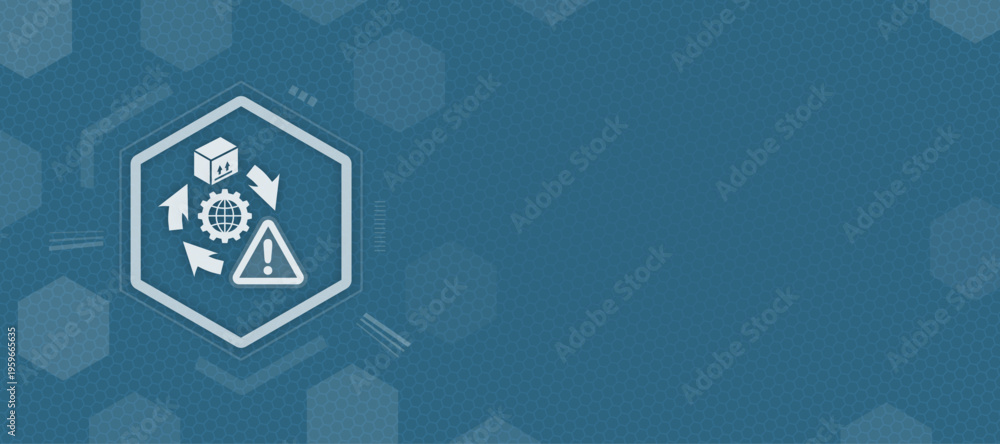 Obraz premium Global Logistics and Supply Chain Warning Icon on Blue Hexagonal Tech Background Vector with Copy Space