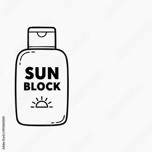 Simple line drawing of a bottle labeled Sun Block with a sun icon, representing skin protection and outdoor safety